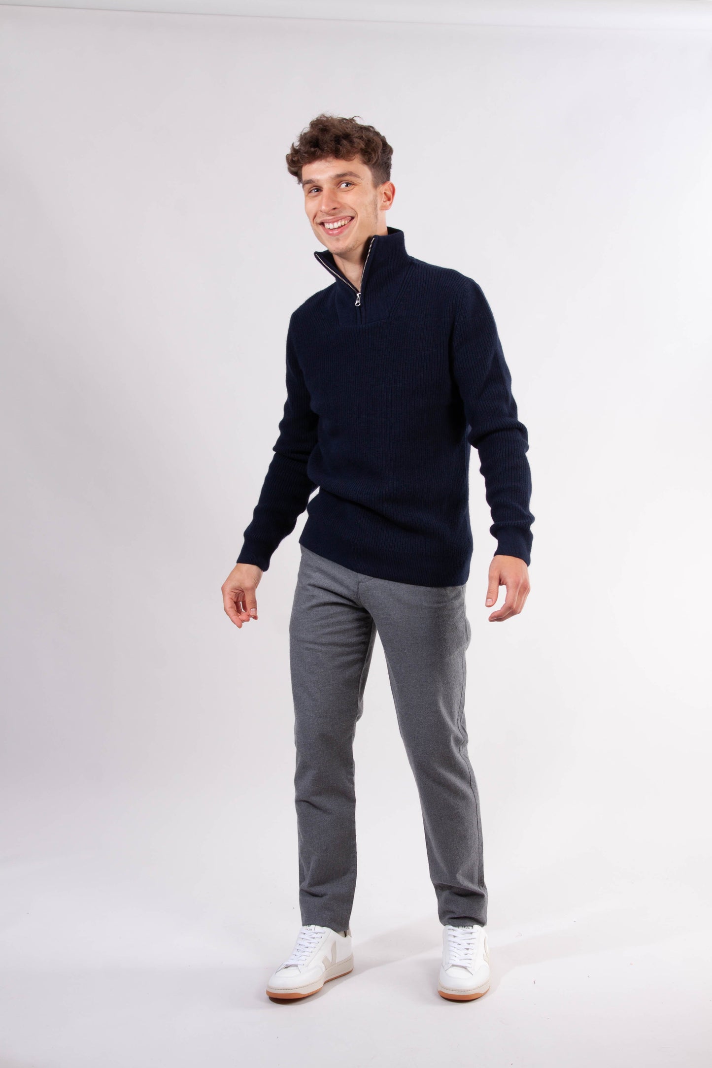 Pull col zippé marine en coton et laine bio - valley