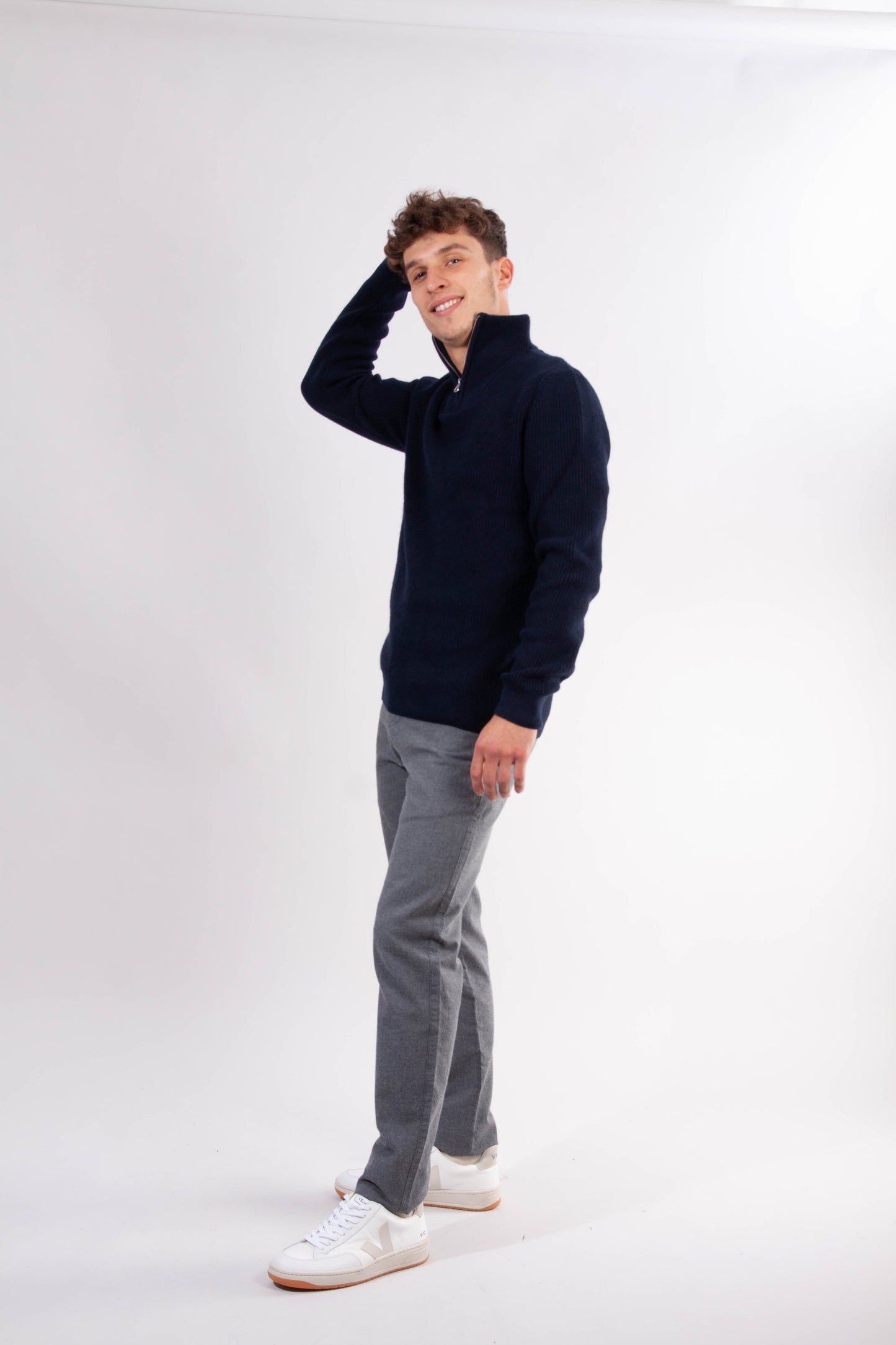Pull col zippé marine en coton et laine bio - valley