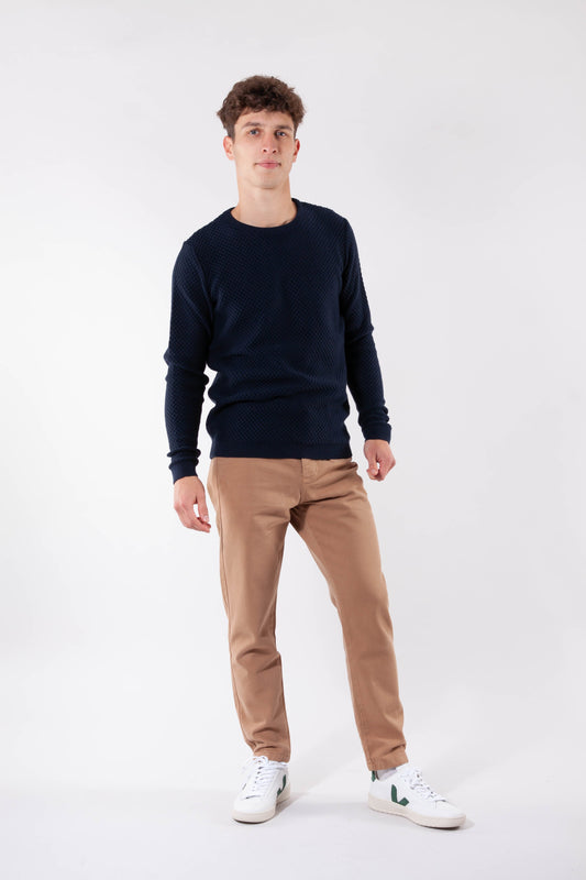 Pull col rond bleu nuit en coton bio - FIELD crew neck knit