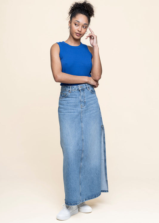 Jupe longue en jean en coton bio | bleu "amirah - blue reef mid"