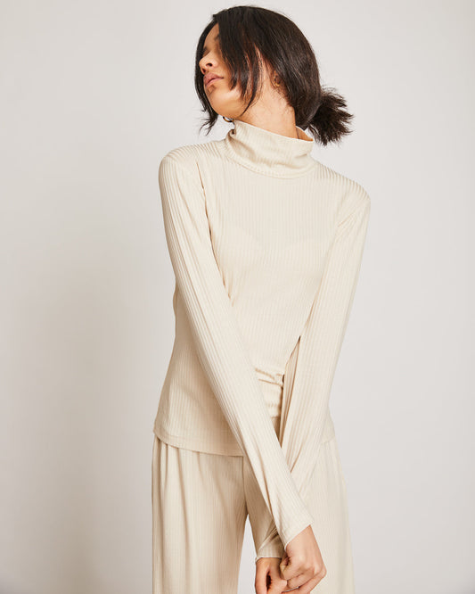 Top col roulé côtelé beige en tencel - mio eggshell