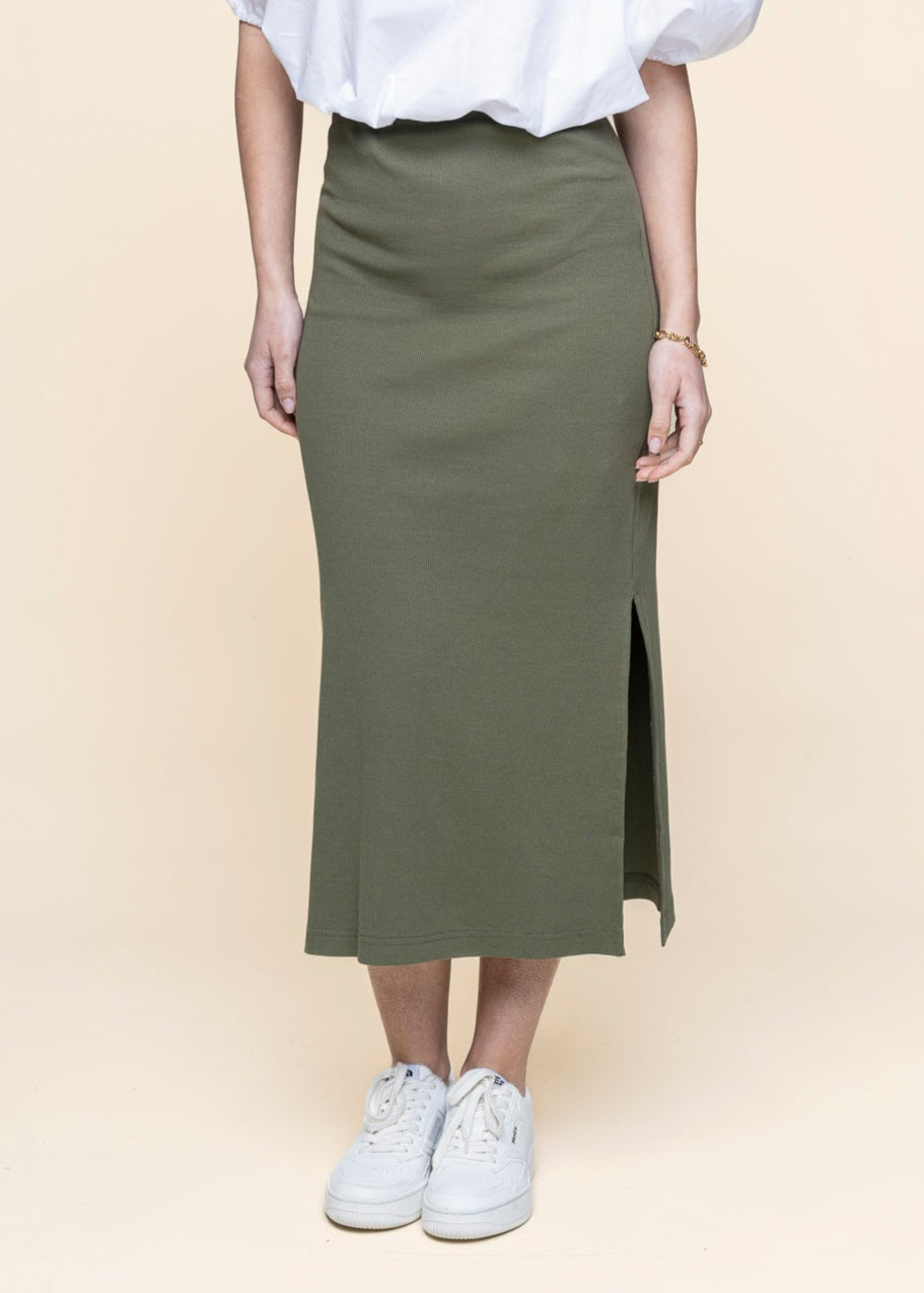 Jupe longue en coton bio | vert "rib skirt kvarnvik leaf green - four leaf clover"