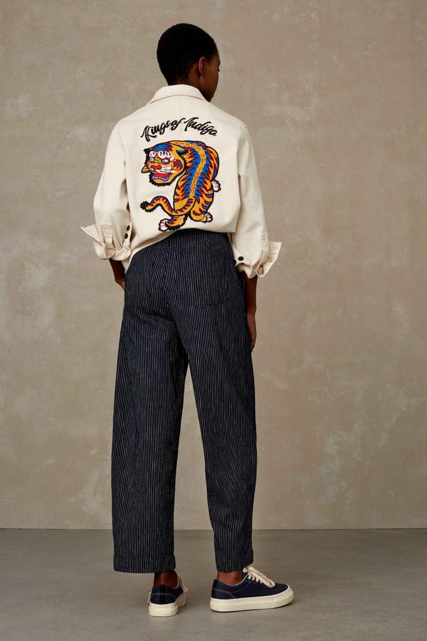 Pantalon évasé marine rayé en coton bio - Leila