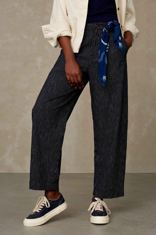 Pantalon évasé marine rayé en coton bio - Leila