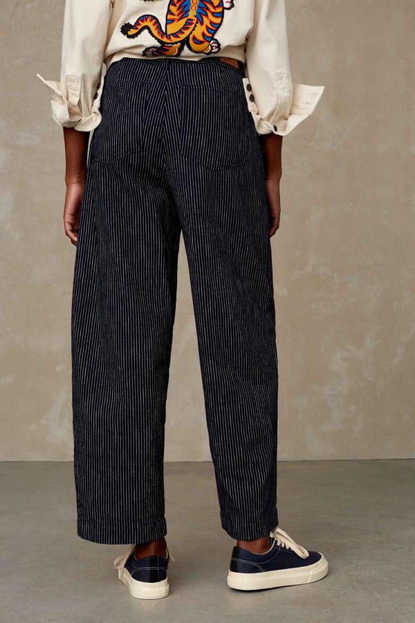 Pantalon évasé marine rayé en coton bio - Leila