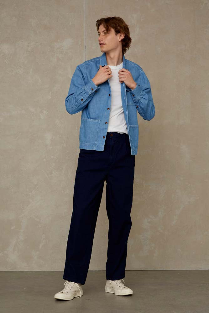 Pantalon ample marine en coton bio - bolivar indigo crinkle