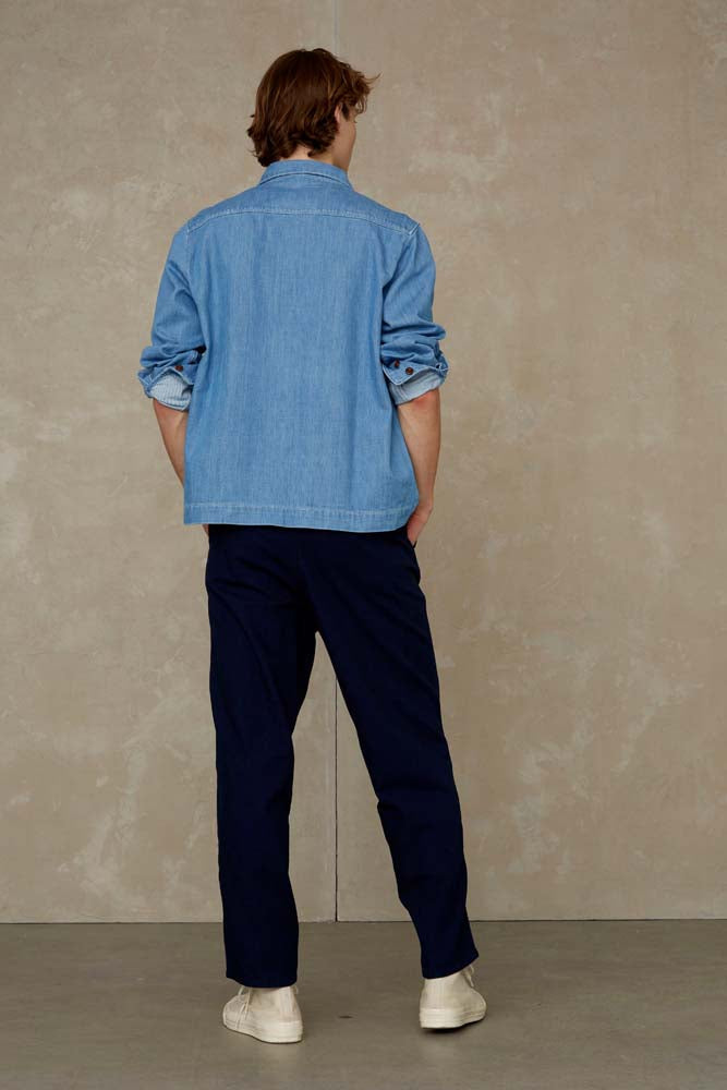 Pantalon ample marine en coton bio - bolivar indigo crinkle