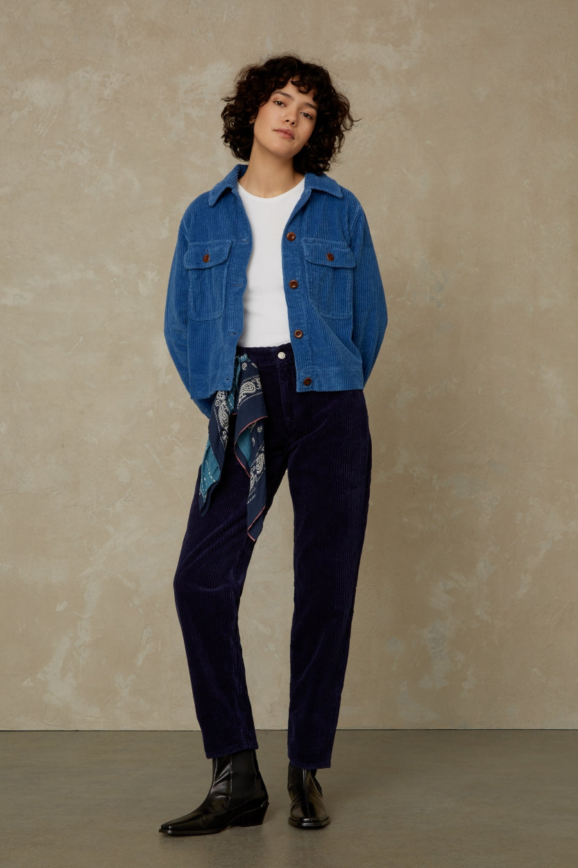 Veste bleu de travail en velours et coton bio - lavinia mid blue cord