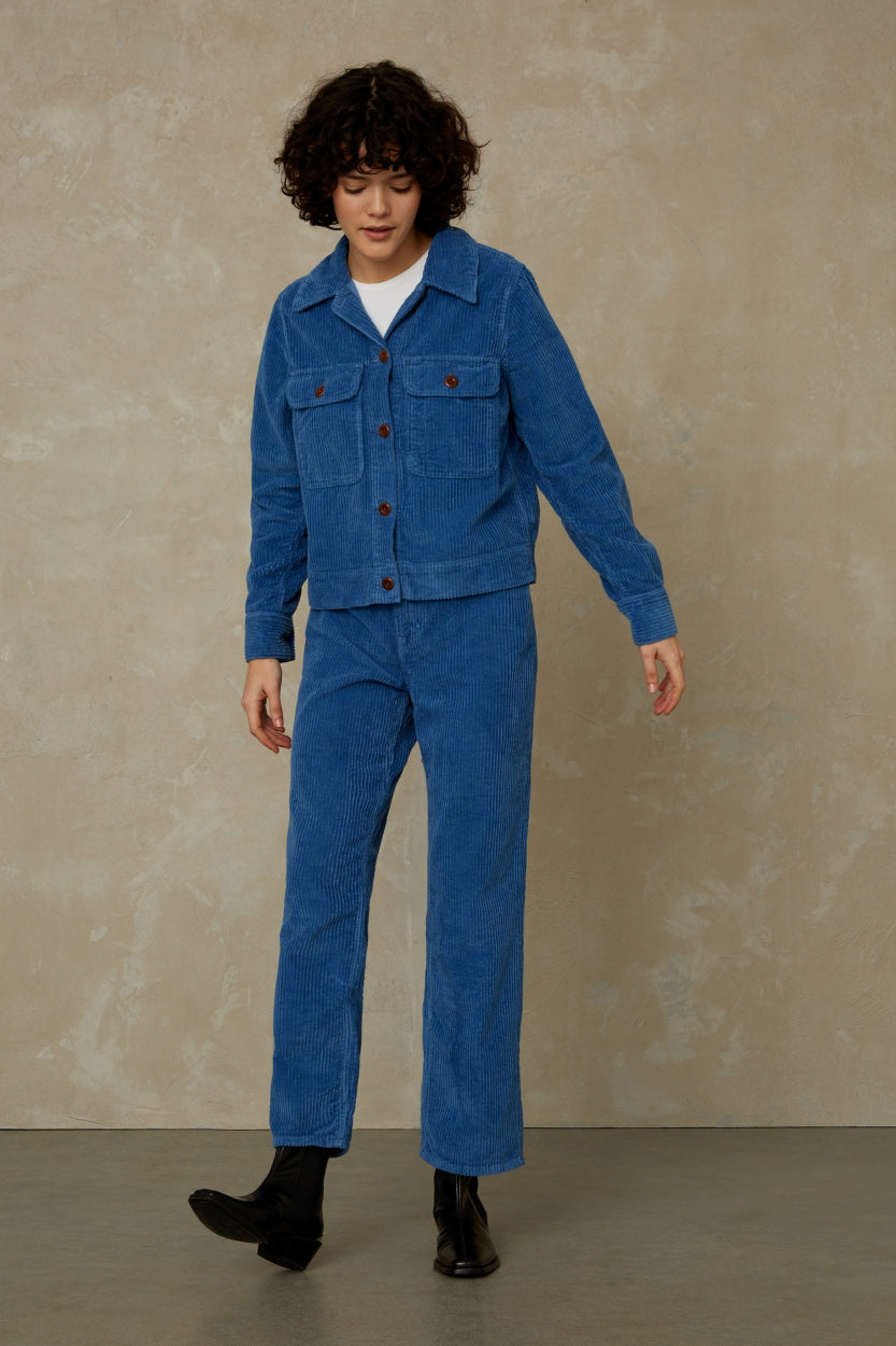 Veste bleu de travail en velours et coton bio - lavinia mid blue cord