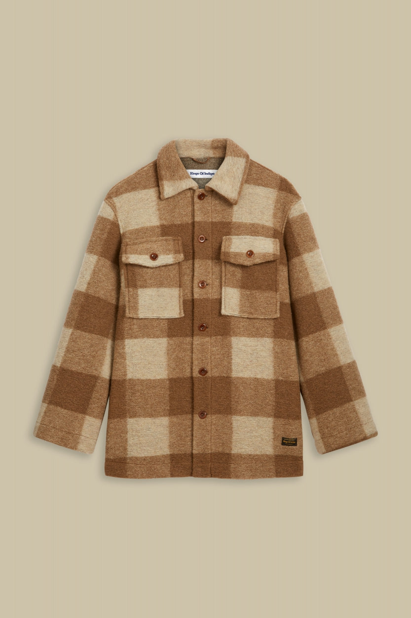 Veste à carreaux oversize en laine recyclée | beige et marron "ariko caramel check"