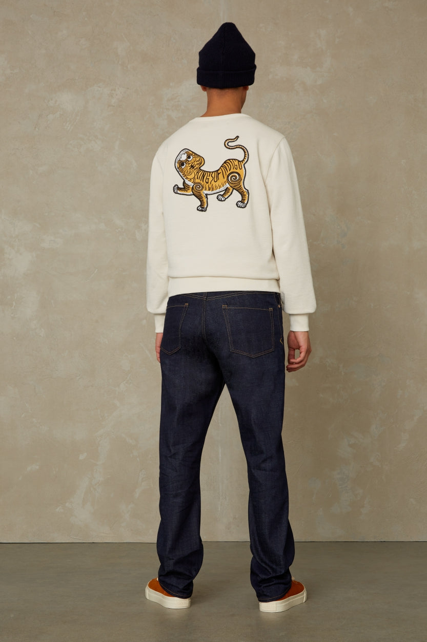 Jean droit en coton bio | Bleu indigo "roy selvage clean easy fade indigo dry"