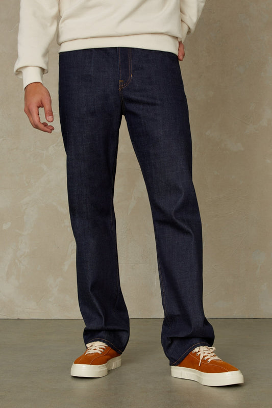 Jean droit en coton bio | Bleu indigo "roy selvage clean easy fade indigo dry"