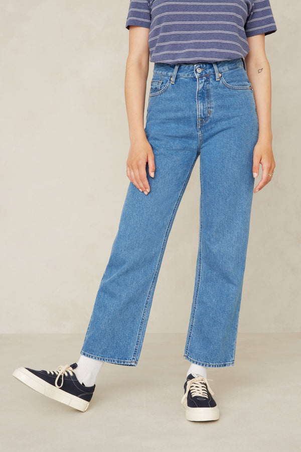 Jean droit en coton bio et recyclé | bleu "liora cropped clean holo mid vintage"