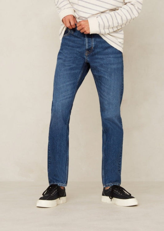 Jean fuselé en coton bio et recyclé | Bleu foncé délavé "jerrick stanley mid used"