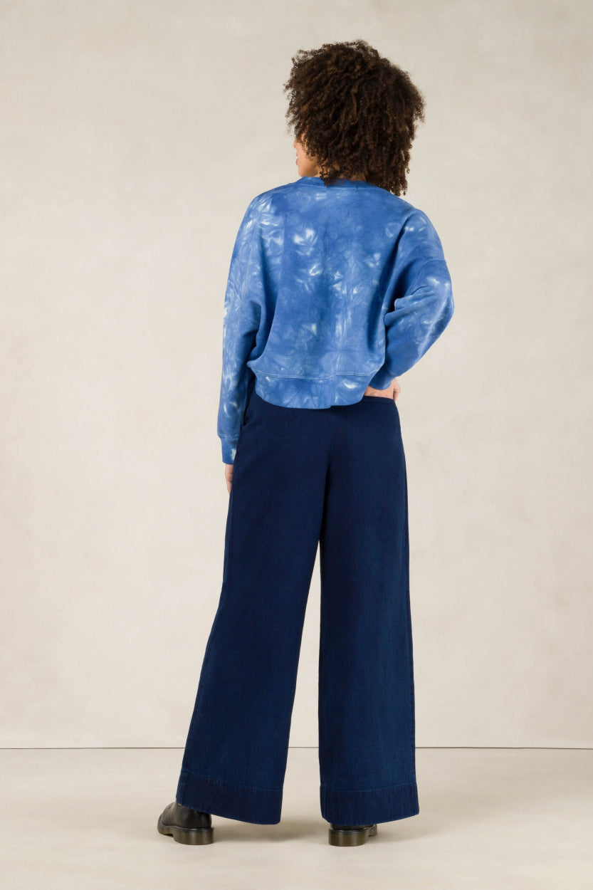 Pantalon ample en coton bio | Chevrons bleu indigo "rapunzel indigo herringbone"