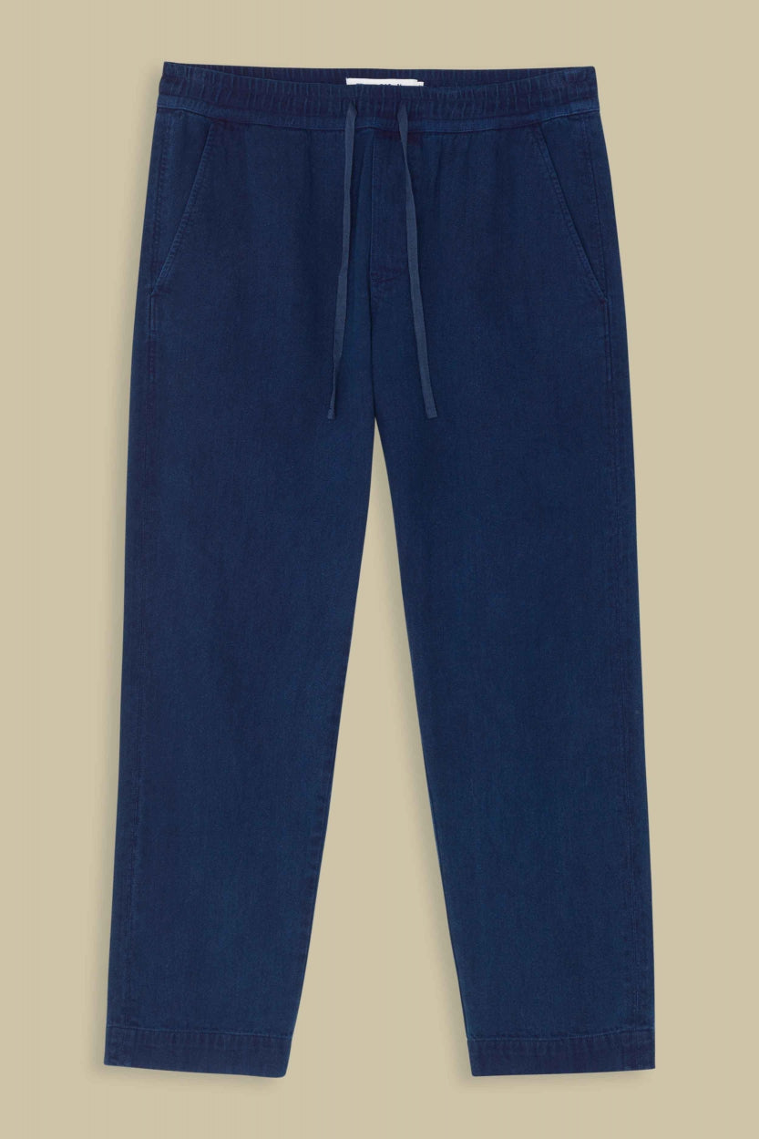 Pantalon droit en coton bio | Chevron bleu indigo "martin indigo herringbone"