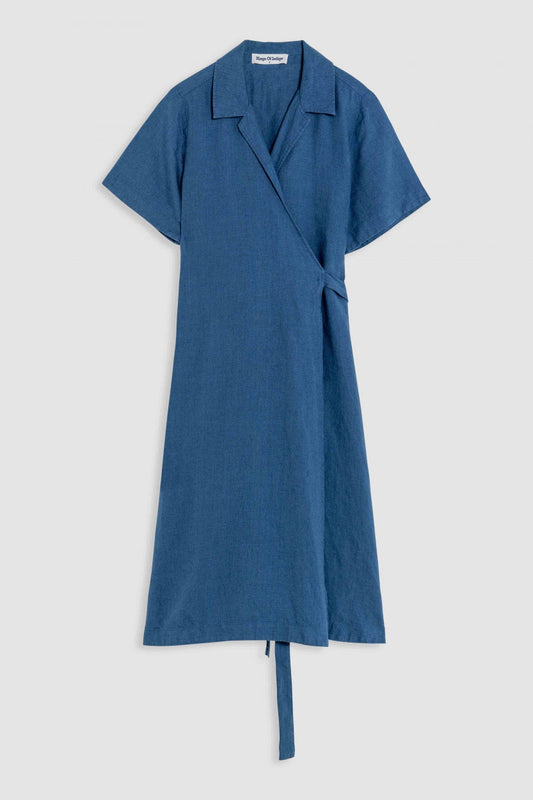 Robe portefeuille en lin | Bleu "thyra dark blue"