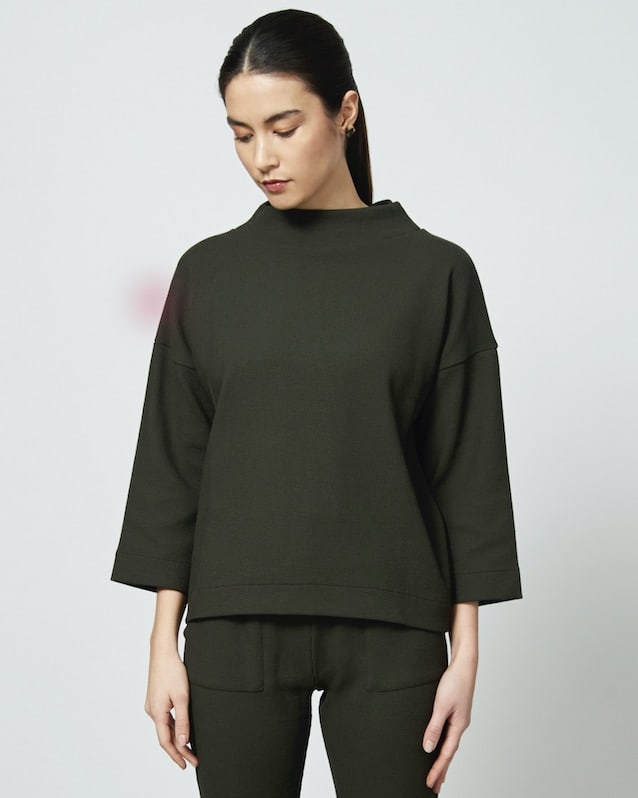 Pull léger col cheminée à manches 3/4 vert en coton bio - KALLISTO