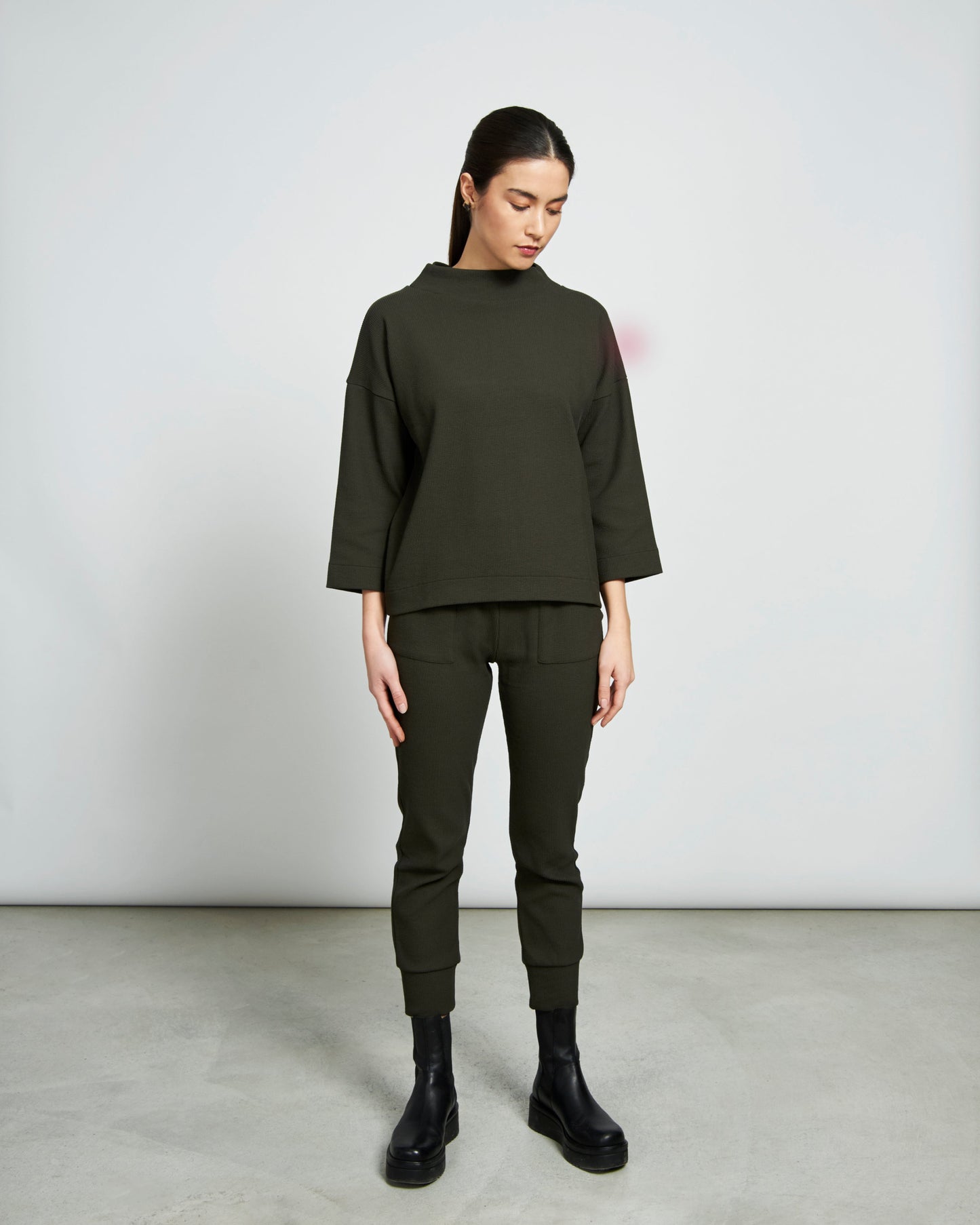 Pull léger col cheminée à manches 3/4 vert en coton bio - KALLISTO