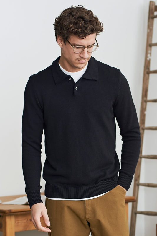 pull col polo en coton bio | noir "kaspar longsleeve polo - eco black"