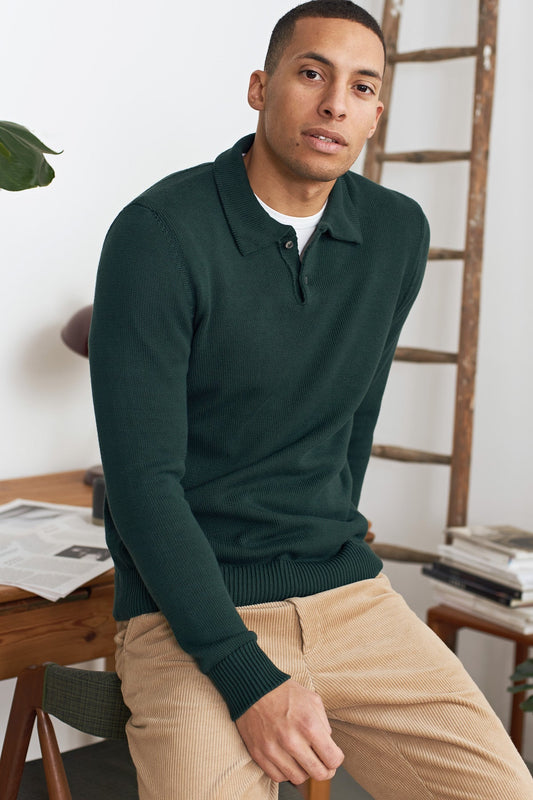 Pull à col polo maille en coton bio | vert "kaspar longsleeve poloeco scot green"