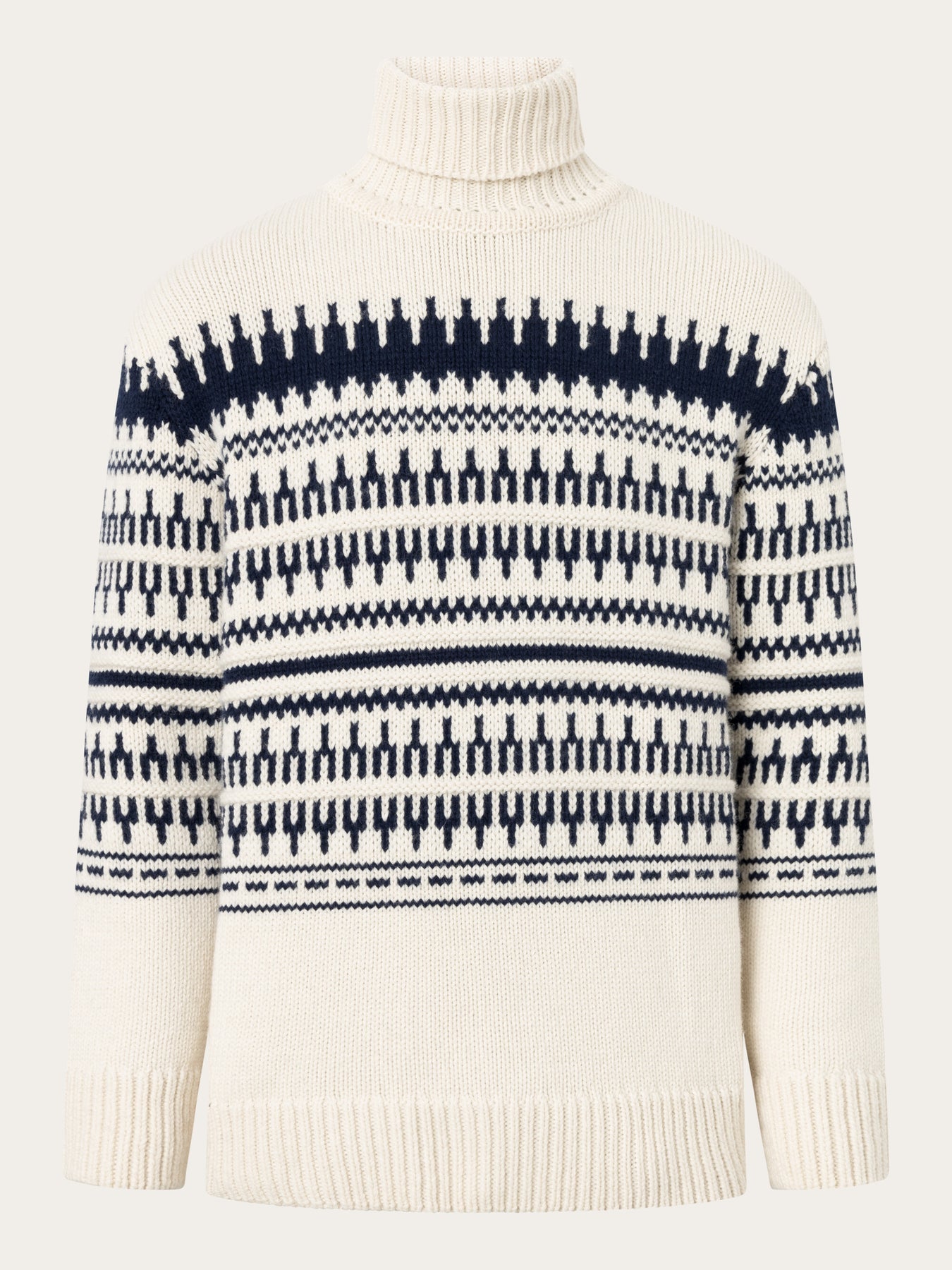 Pull col roulé en laine mérinos certifiée | Blanc "knitted pattern roll neck beige stripe"