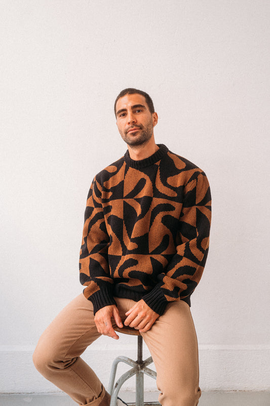 Pull motifs marron et noir en laine - Khem