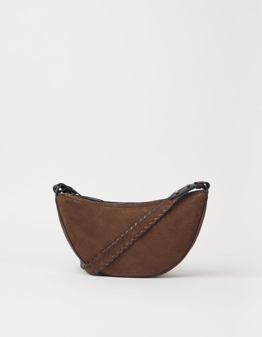 Sac à bandoulière en cuir suède certifié | chocolate-suede "leo midi crossbody strap - chocolate suede" | Chocolate-suede