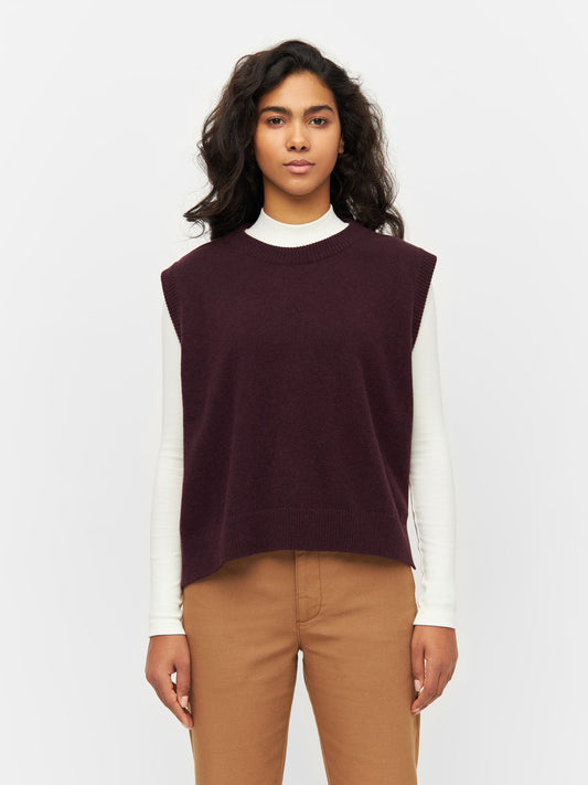 Pull sans manches en laine bio | Acajou "lambswool vest chocolate plum"