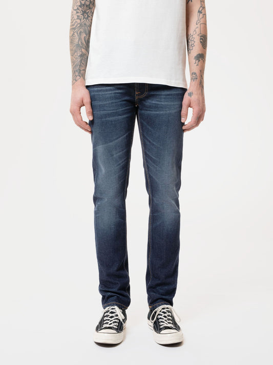 Jean slim bleu foncé délavé en coton bio - lean dean blue thunder