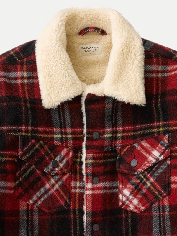 Veste sherpa carreaux rouge en laine recyclée - Lenny