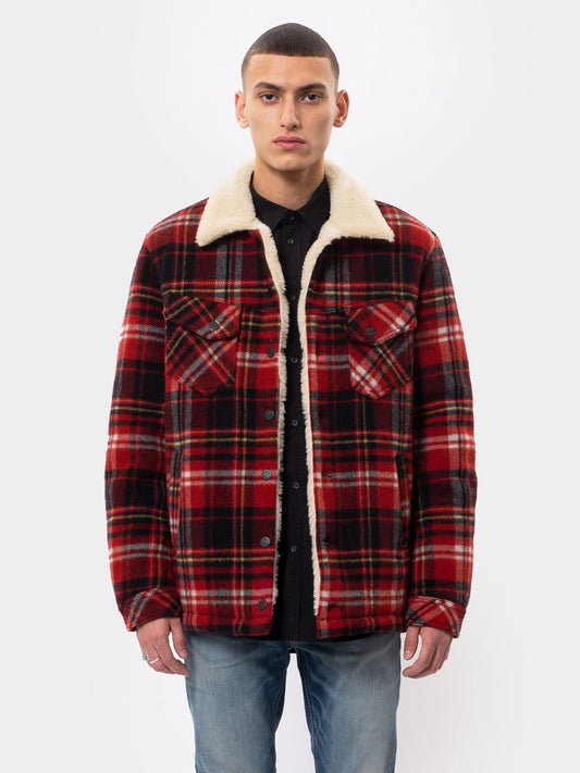 Veste sherpa carreaux rouge en laine recyclée - Lenny