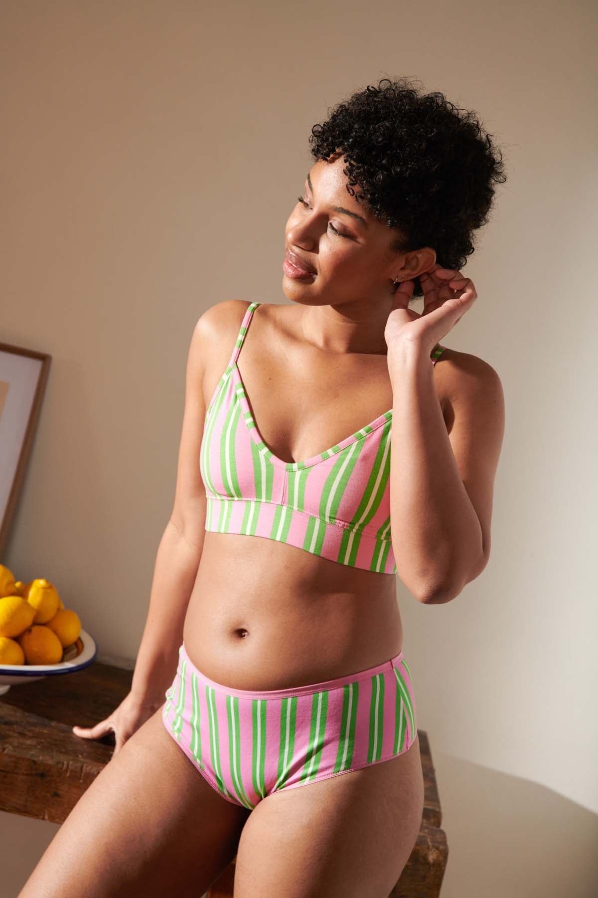 Shorty tanga coton bio | rayures vert et rose | Vert