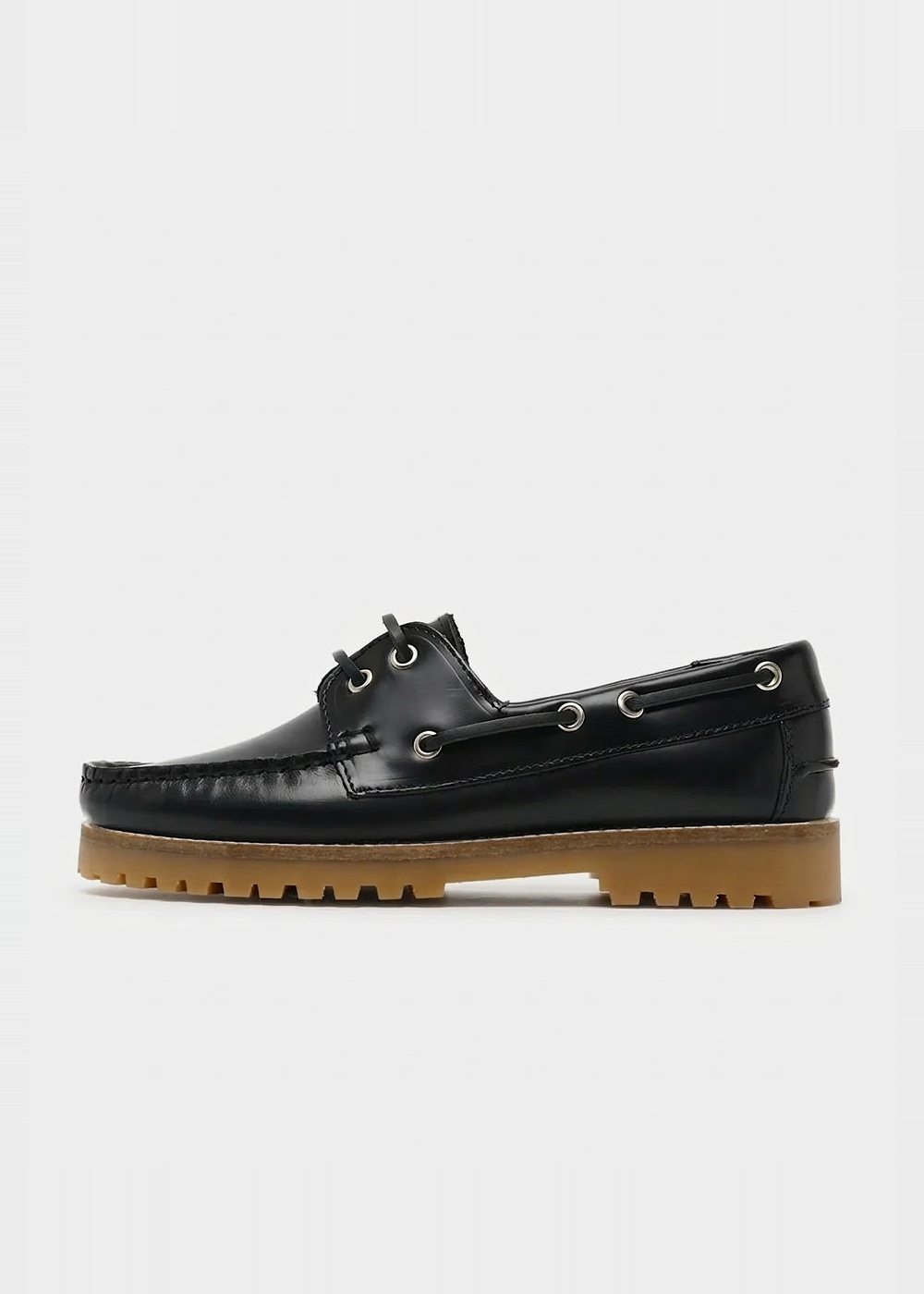 Chaussures bateau en cuir certifié | ollie boat shoe - black polido leather / gum sole | Black polido leather / gum sole