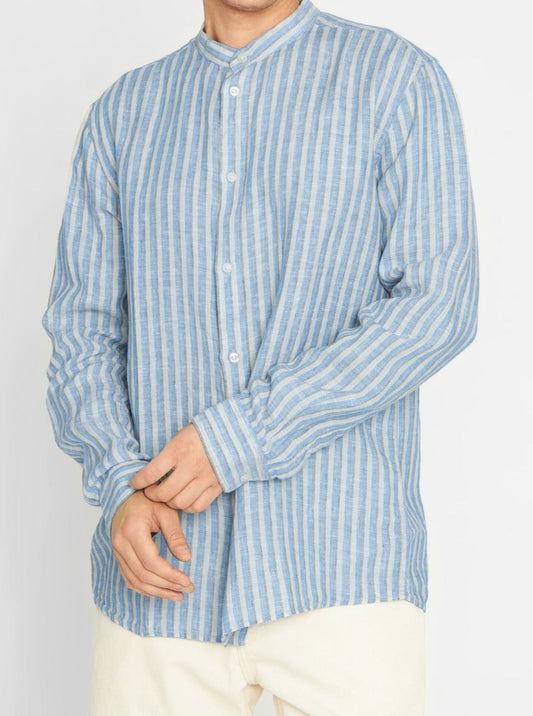 Chemise rayée bleue en lin bio - striped linen custom fit shirt stripe