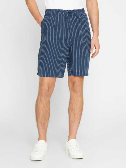Short marine rayé en lin bio - loose striped shorts stripe blue