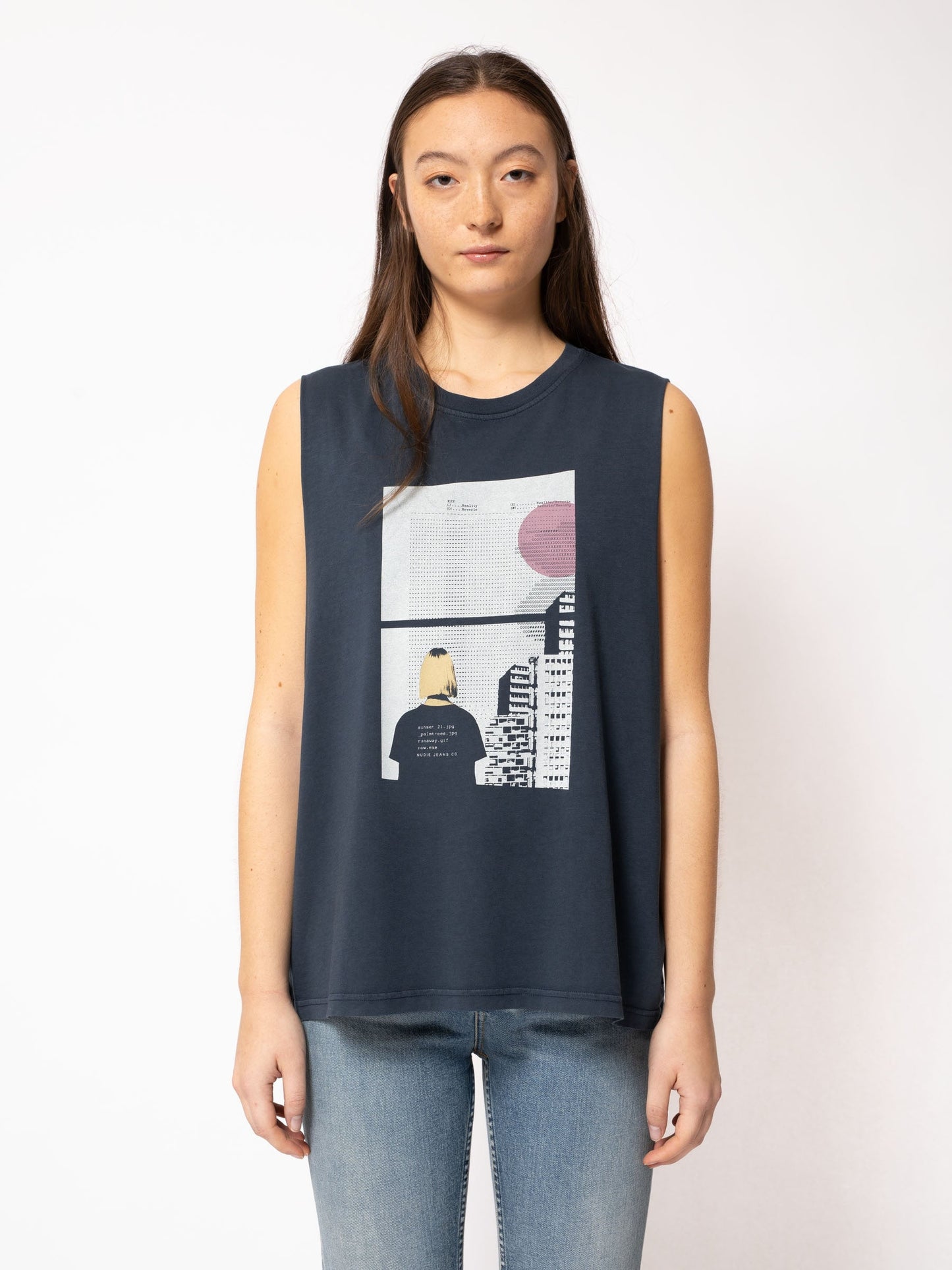 Top marine imprimé en coton bio - Louise Sleeveless Window Navy