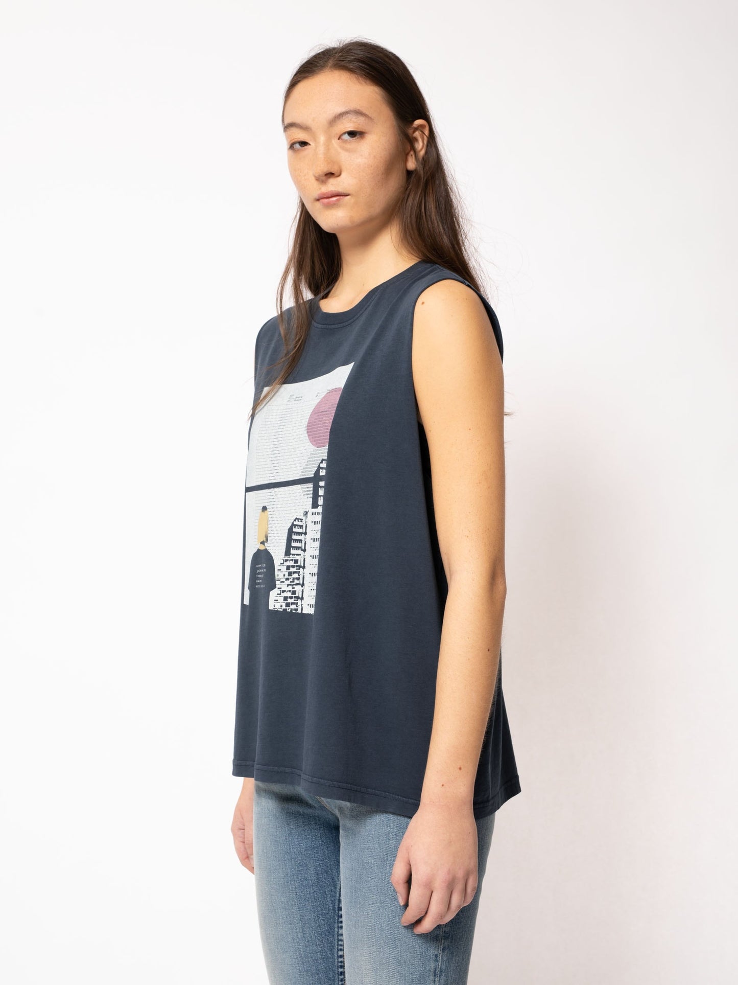 Top marine imprimé en coton bio - Louise Sleeveless Window Navy