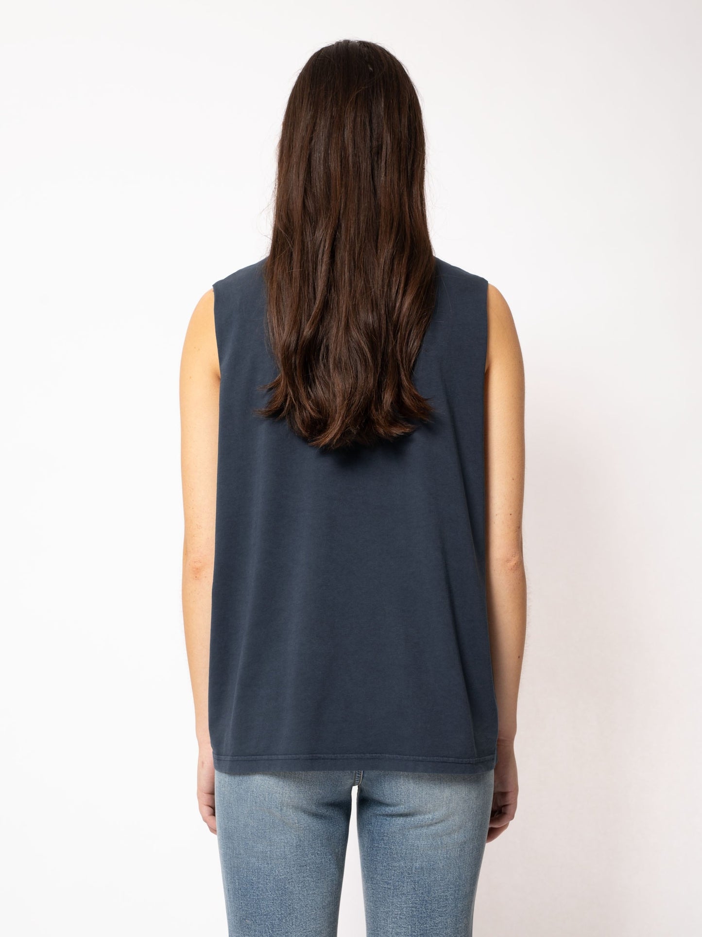 Top marine imprimé en coton bio - Louise Sleeveless Window Navy