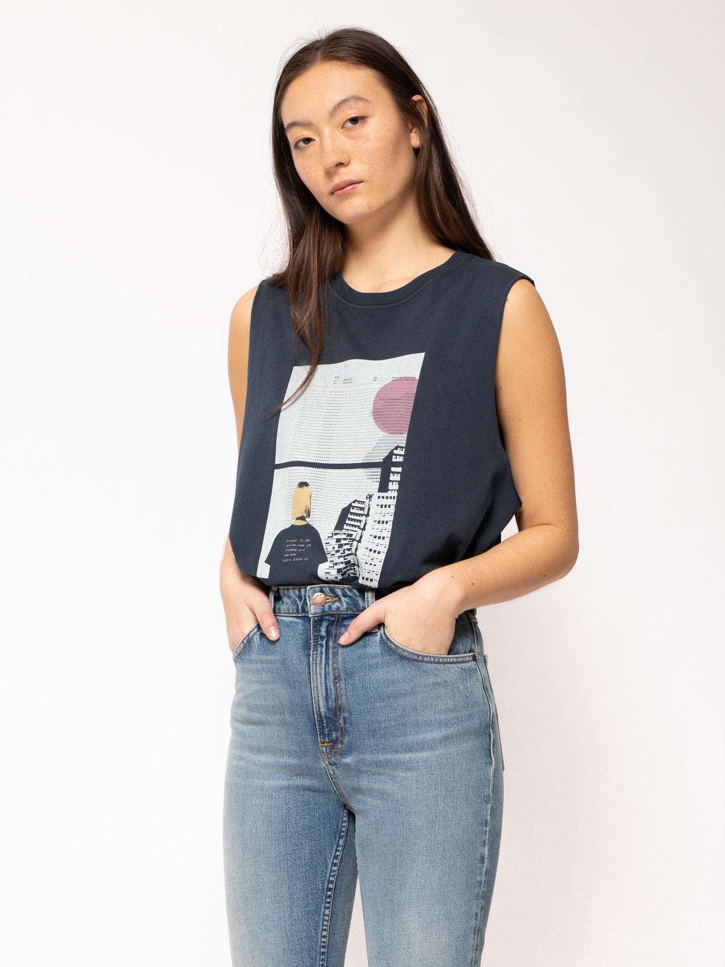Top marine imprimé en coton bio - Louise Sleeveless Window Navy