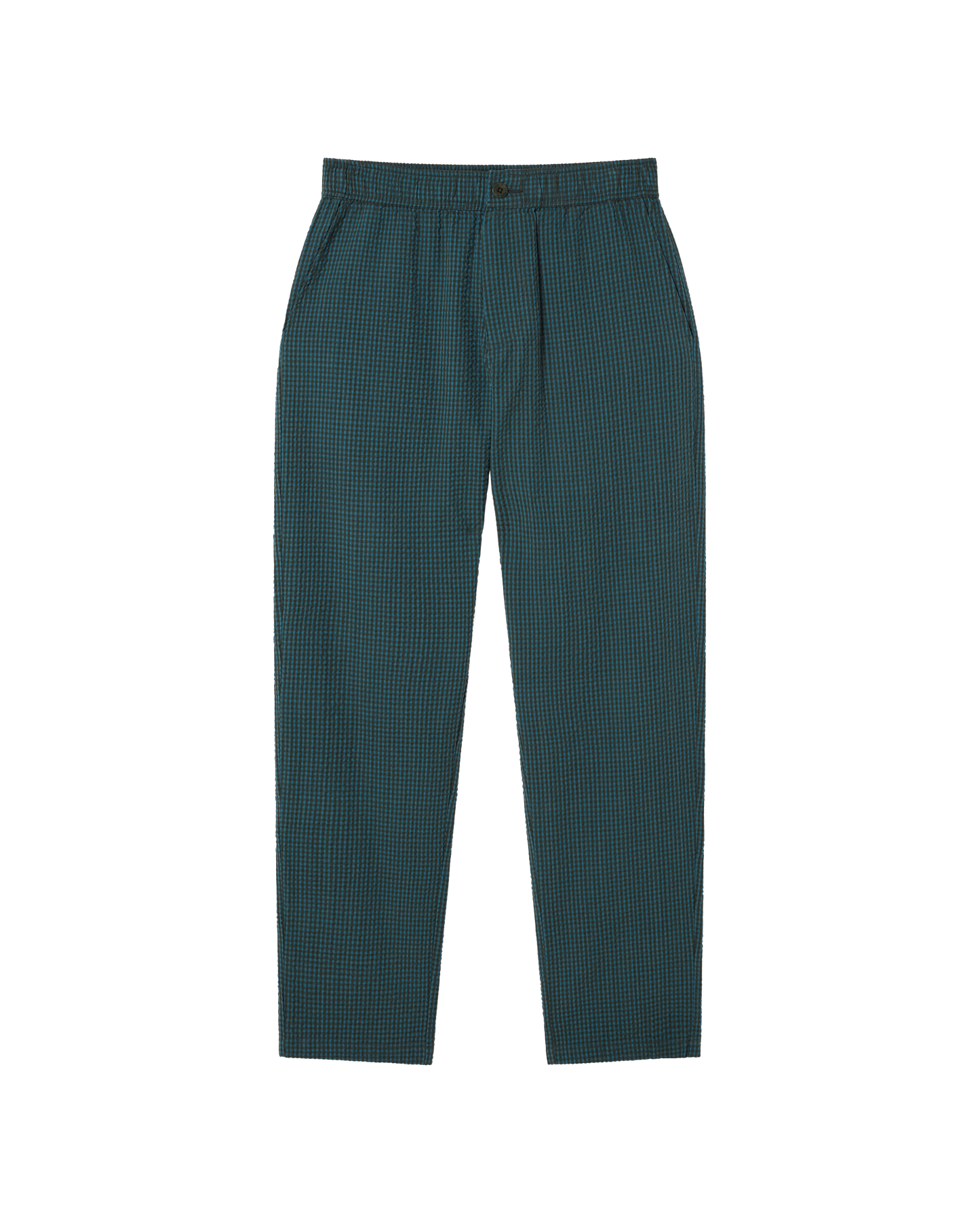 Pantalon droit en coton bio | Vert "bottle green checks seersucker travel pants"