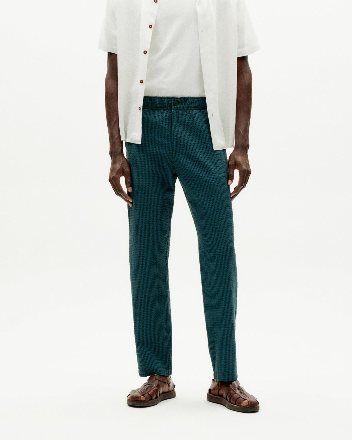 Pantalon droit en coton bio | Vert "bottle green checks seersucker travel pants"