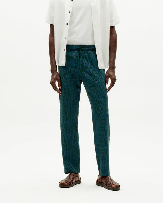 Pantalon droit en coton bio | Vert "bottle green checks seersucker travel pants"