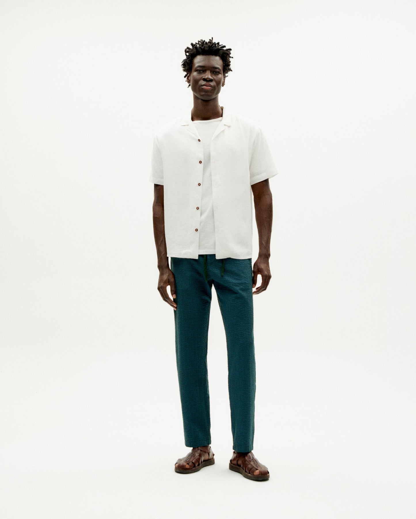 Pantalon droit en coton bio | Vert "bottle green checks seersucker travel pants"