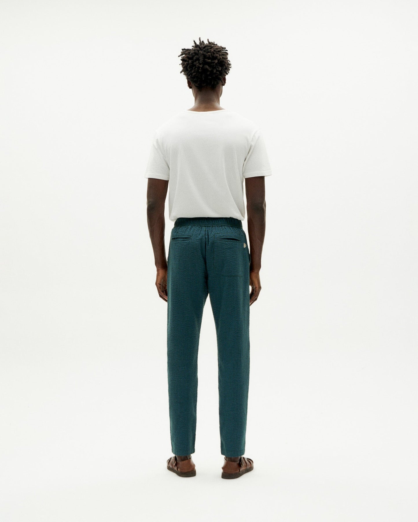 Pantalon droit en coton bio | Vert "bottle green checks seersucker travel pants"