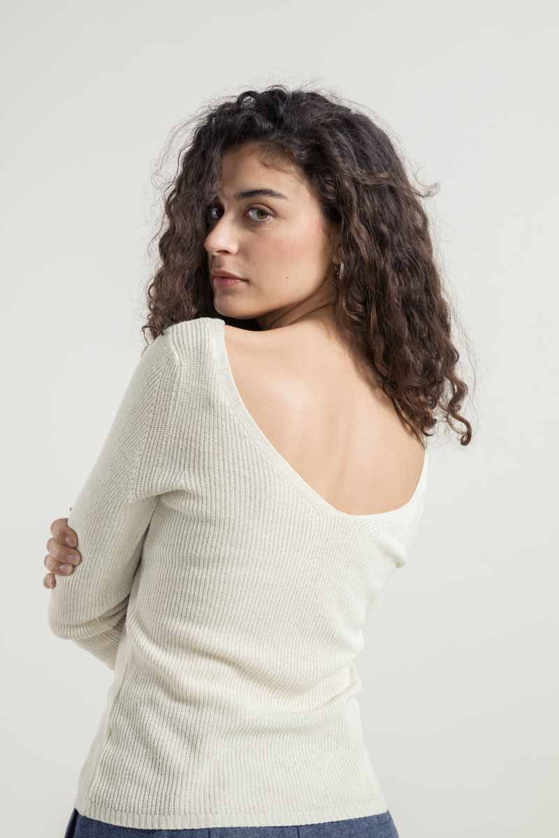 Pull col v réversible en soie recyclée | écru "maglia donna seta rigenerata giselle"