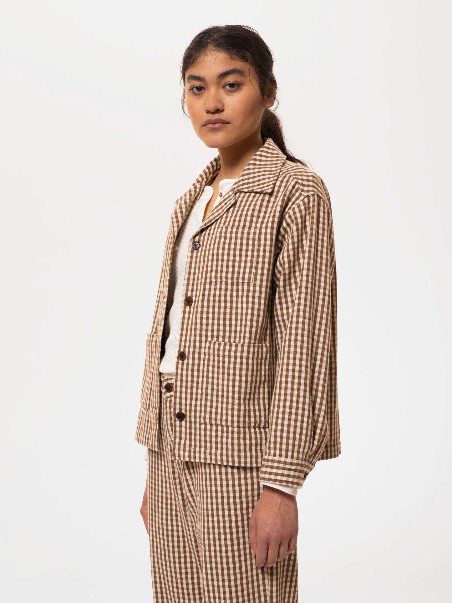 Veste vichy marron et blanche en coton bio - maj overshirt gingham oak