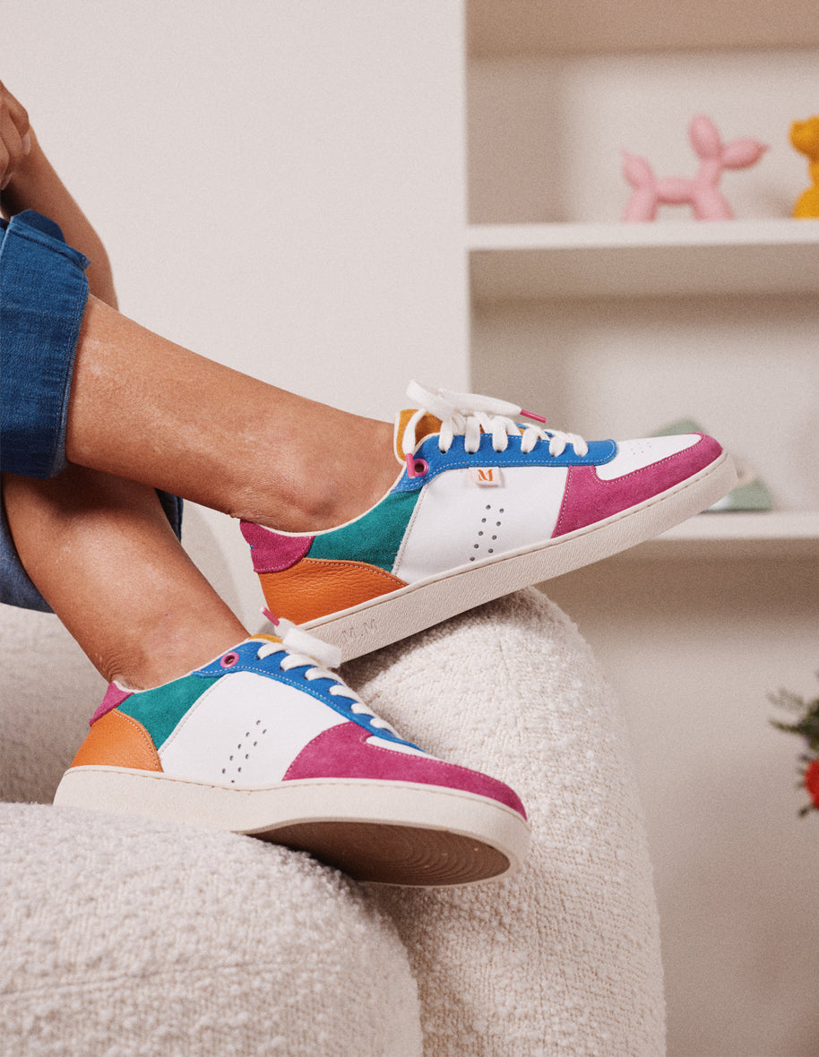 Baskets basses en suède et cuir certifié | multicolore "marie fuchsia blanc bleu"