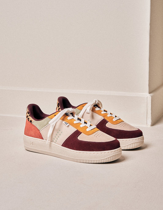 Baskets basses en suède et cuir certifié | Multicolore "maxence f bordeaux beige moutarde"