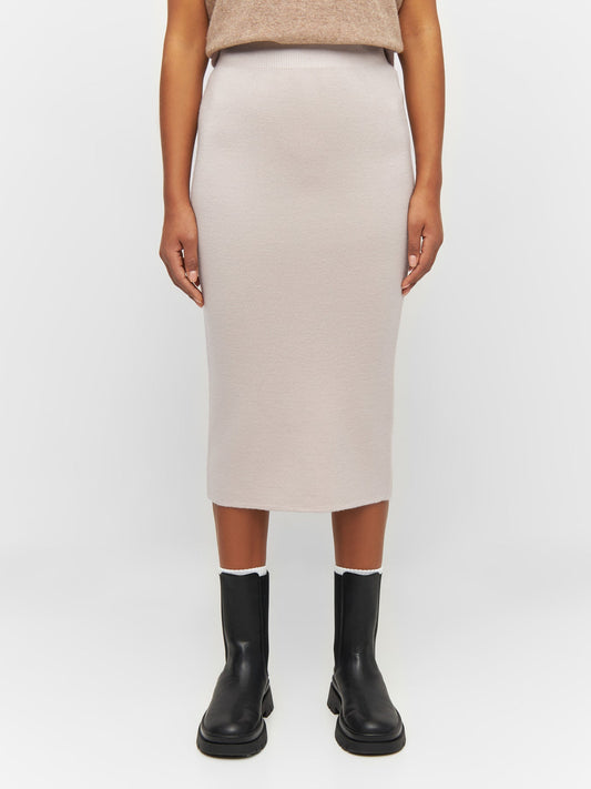 Jupe midi en laine certifiée | Beige "midi length merino knit skirt kelp"